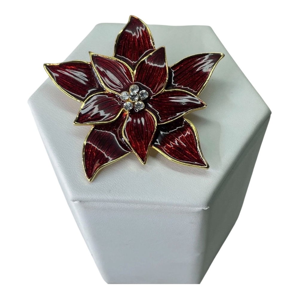 Eisenberg Ice Vintage Poinsettia Flower Rhinestone & Red Enamel Brooch 2220